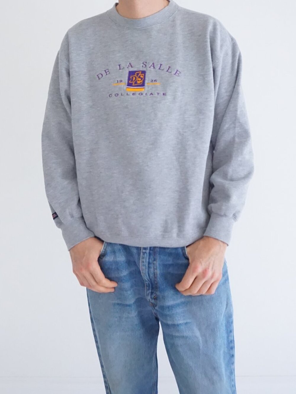 VTG Jansport Grey De La Salle Collegiate School Logo Sweatshirt Cotton Blend M